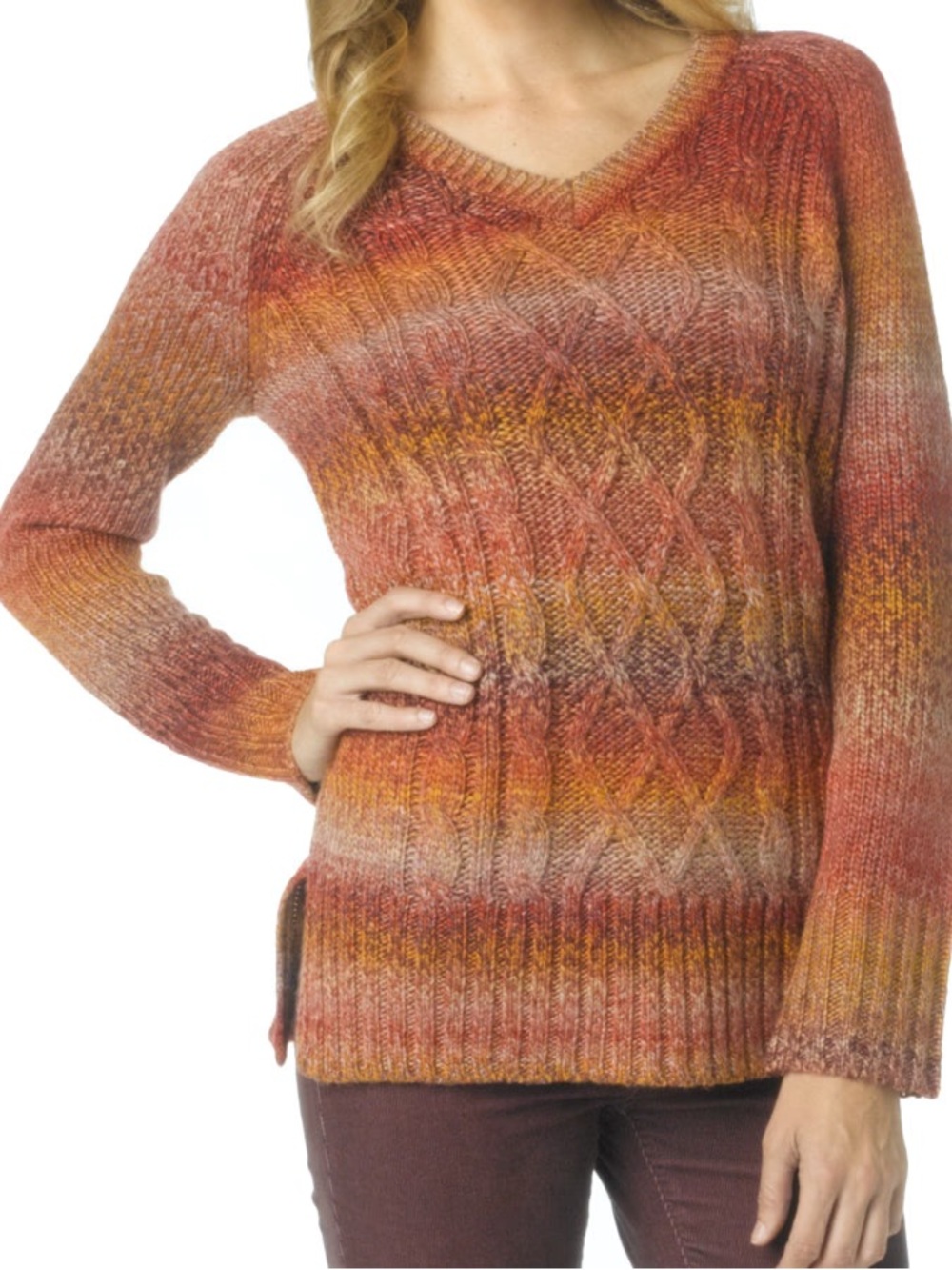 prAna Leisel V-Neck Sweater Women’s Medium Cable Knit Boho Cozy Pullover